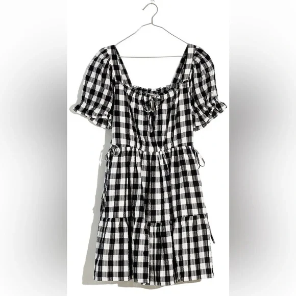 madewell gingham mini dress Smocked U-Neck Mini Dress in Gingham